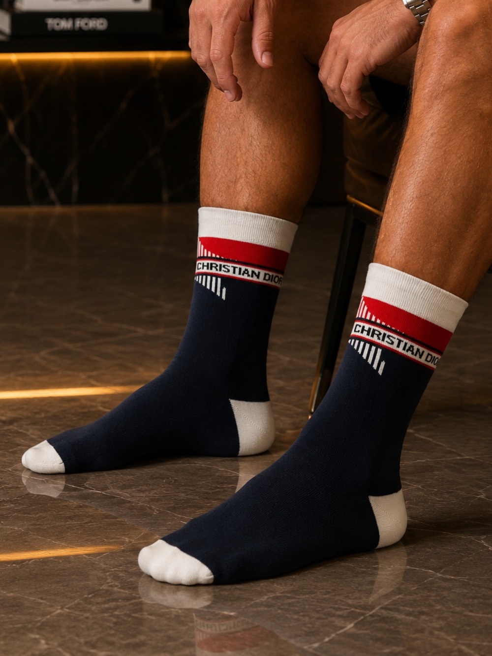 Dior Navy Crew Socks with Red & White Logo Trim
